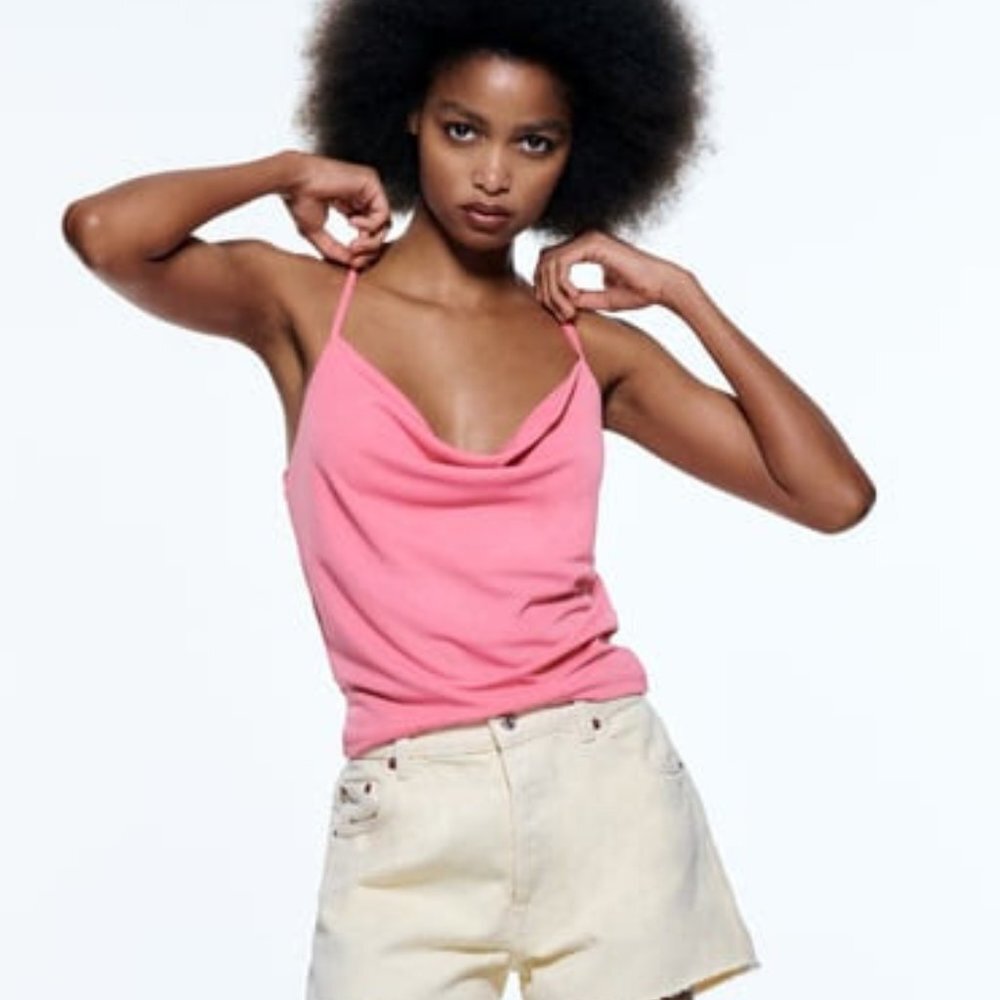ZARA Pink Open Back Top Tank Top Medium Draped - Picture 2 of 5